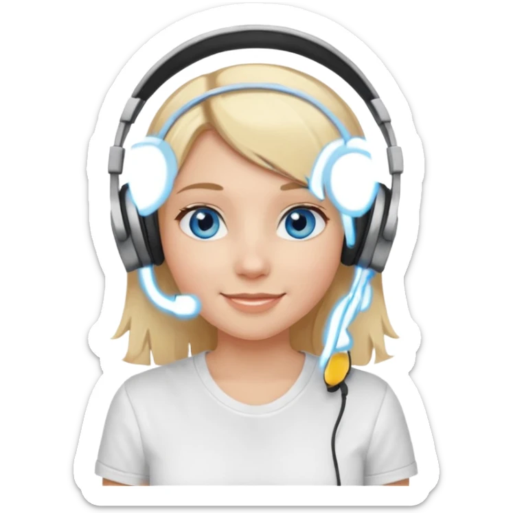 girl with blonde hair and blue eys, having on ears heaphones, with heands telling what, with white shirt sticker
