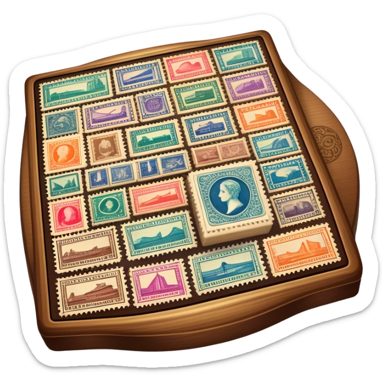 Icon for Stamp Collecting: a large stamp block in the middle and a collection of vintage and colorful stamps arranged around in an album or on a desk, with showcasing different themes. The icon should reflect the charm and history of philately. Transparent background. sticker