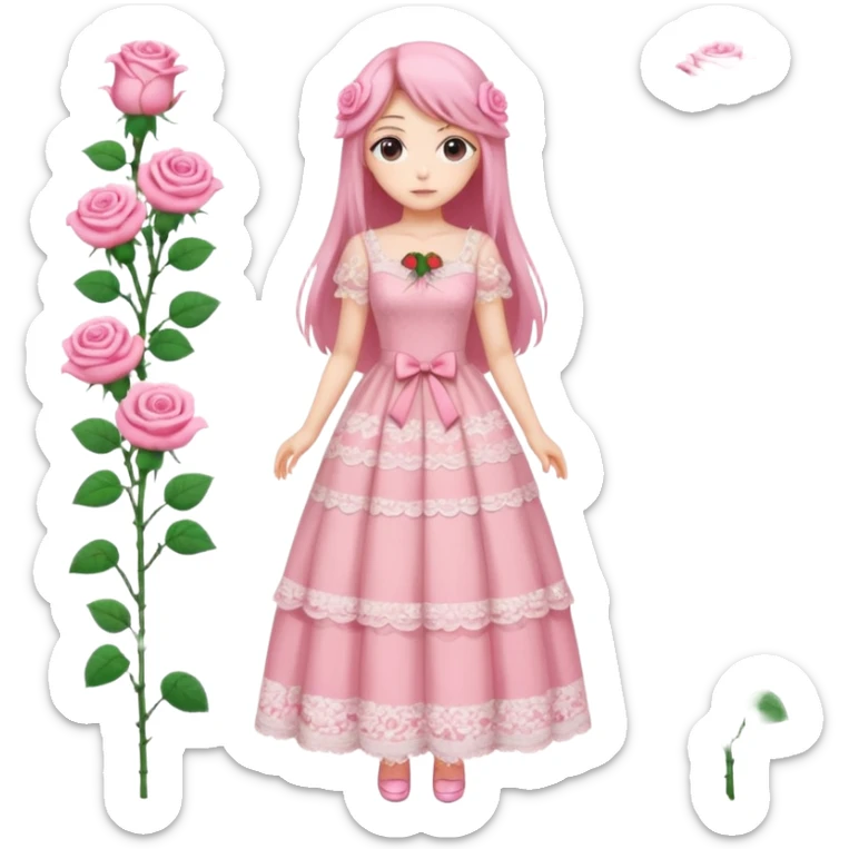 pastel anime woman with pink and white lace dress full body and long hair with roses sticker