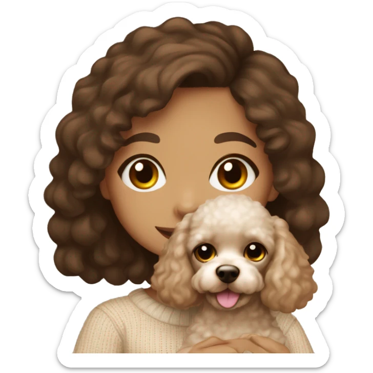 Pretty brown eyed tan girl with brown hair in a beige sweater holding a white sweet toy poodle sticker