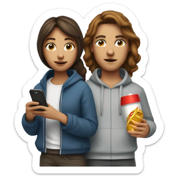 woman with brown hair holding an inhaler and fast food standing beside a man with a hoodie on holding his phone  sticker
