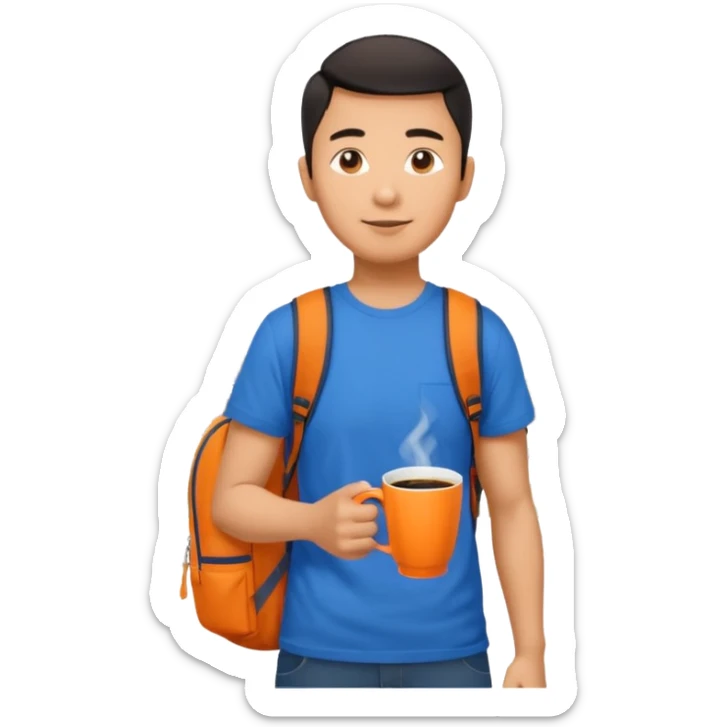 an asian man in blue t-shirt with orange cup of coffee and backpack on the back. Eiffel tower on the background sticker