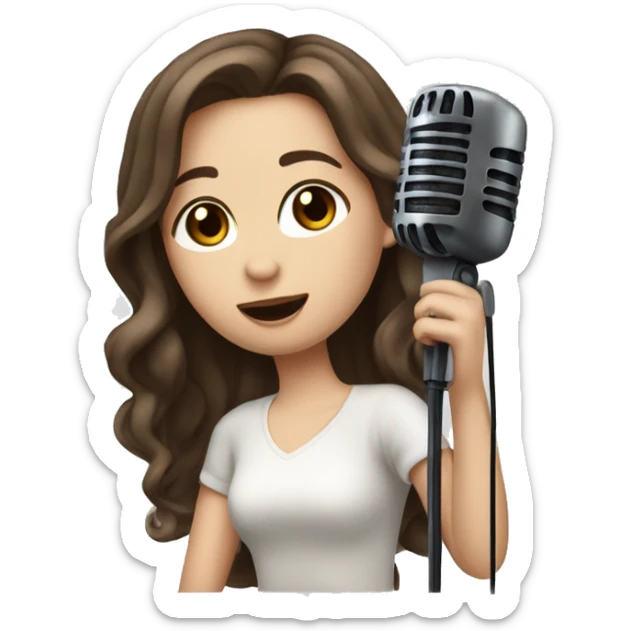 a girl with long brown hair middle part, hazel eyes, pale skin, dark lips, singing into a microphone sticker
