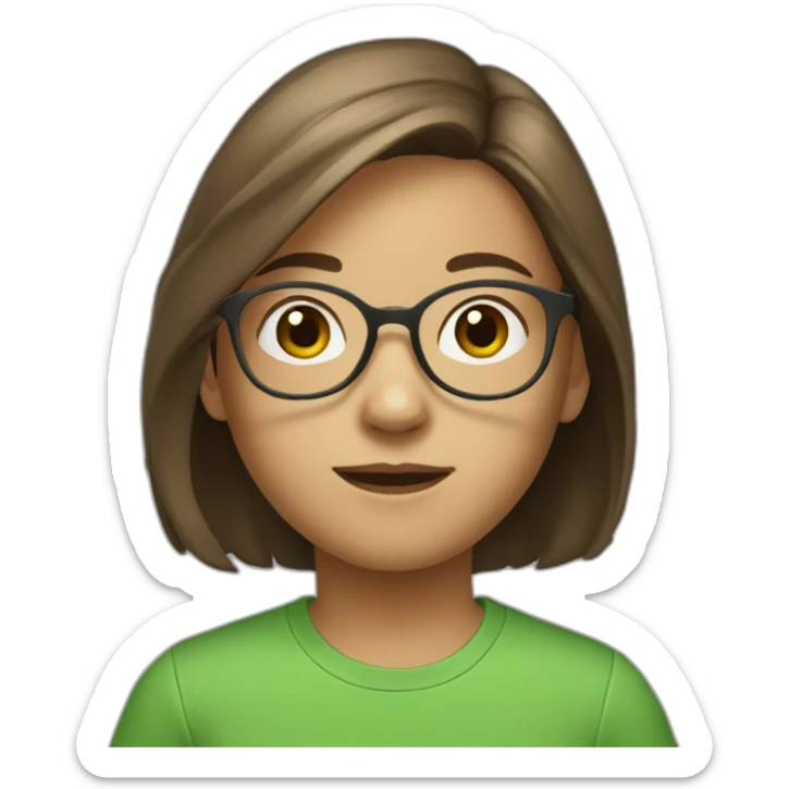 11 years old girl with shoulder length brown hair and glasses with green t shirt sticker