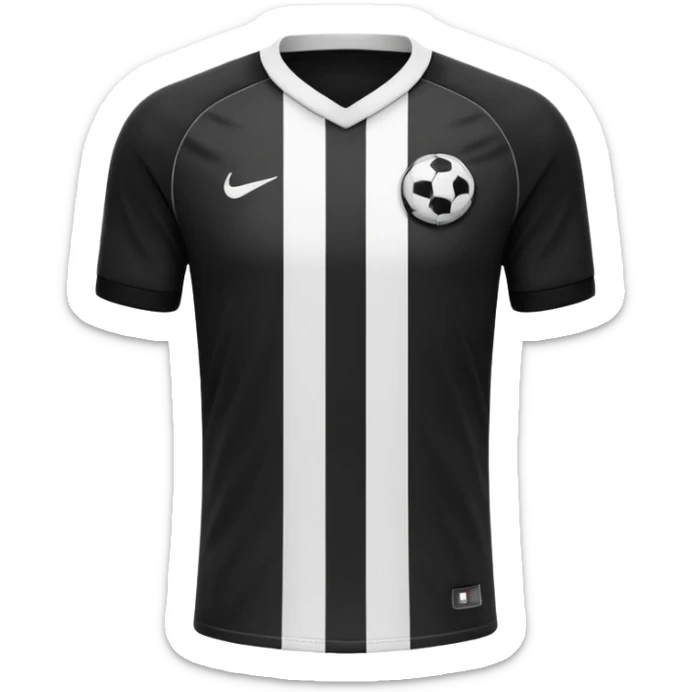 Soccer jersey emoji, cartoon emoji style, front view, black football shirt with a bold vertical white stripe in the center, clean and minimal design, no logo, no sponsor, short sleeves, black round collar, sticker