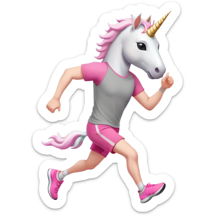 friendly anthropomorphised male white unicorn in grey shorts and pink t-shirt, wearing dark sunglasses, jogging upright in a relaxed pose sticker
