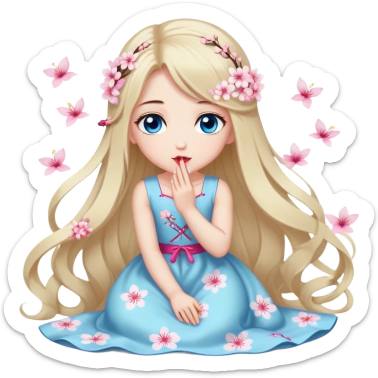 Turkish Girl with long blond hair and sakura accessories on her hair with a long tailed sakura dress on the ground and have blue eyes beautiful finish and she sending lovely kisses  sticker