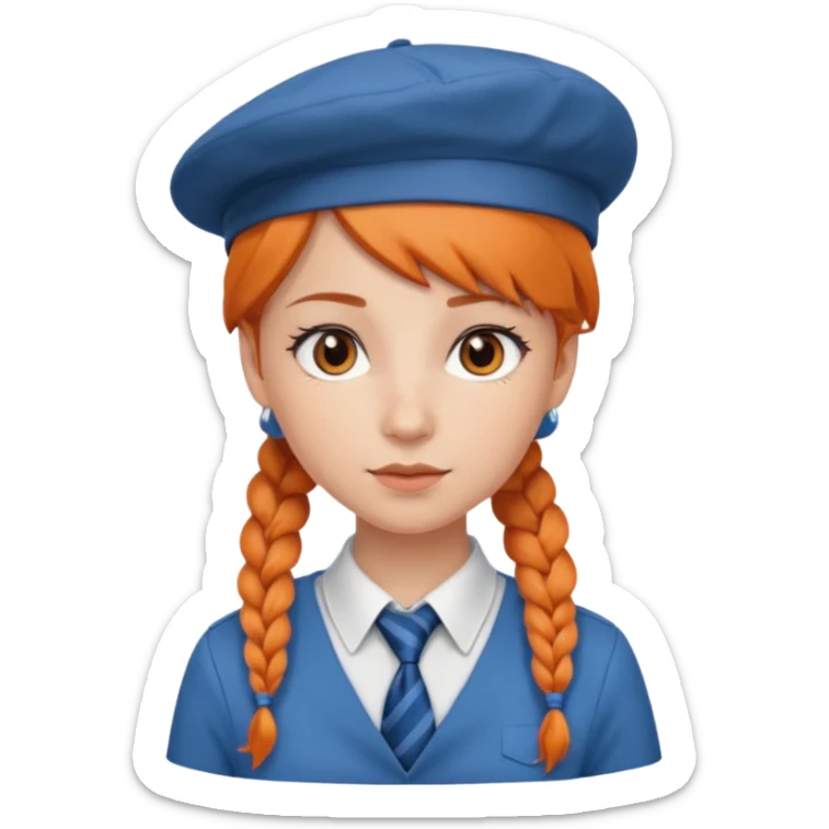 orange braided hair girl, wearing white shir, a brown berret Hat, Blue Necktie sticker