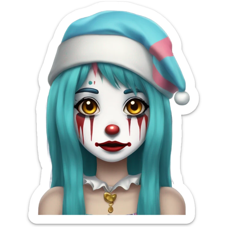 Anime manga style Sad clown girl with clown face paint wearing cap n bells cockcomb jester hat with long straight black hair exaggerated expression on her face  sticker