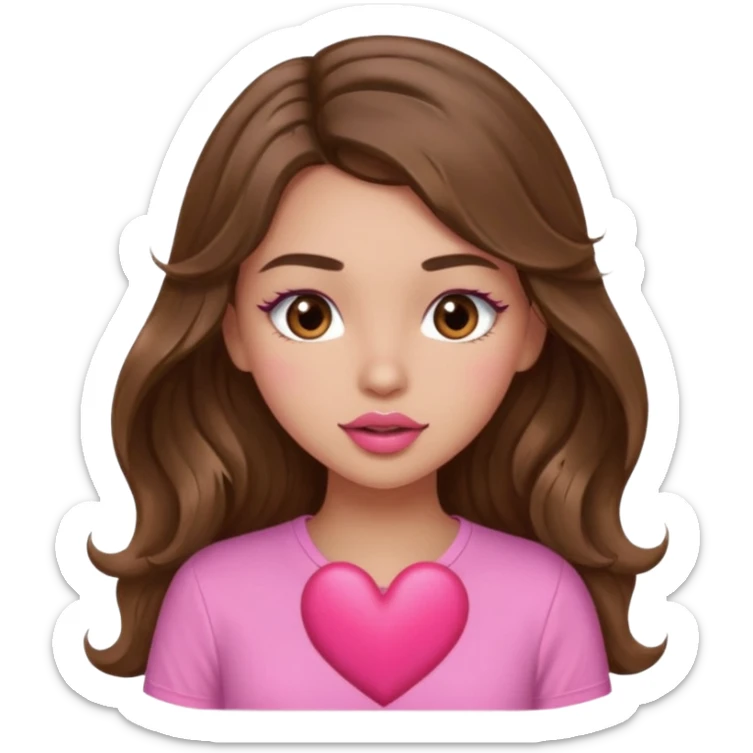 girl with long wavy brown hair, brown eyes, light to medium complexion, in a pink shirt, pink lips, long lashes, sexy , puckering, blushing, kissing a heart sexy sticker