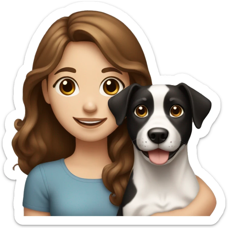 happy girl with brown hair blue eyes holding a black and white dog sticker