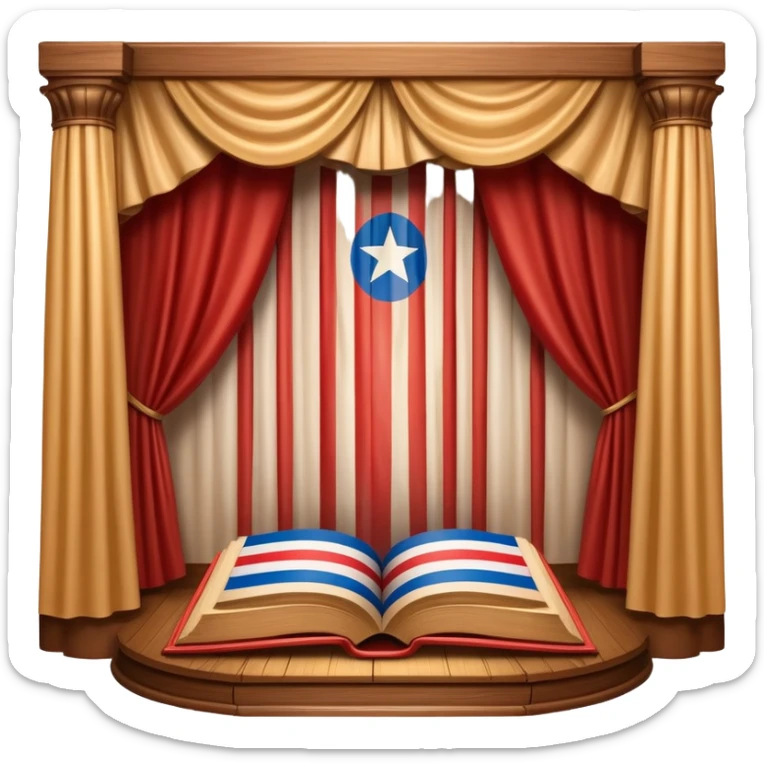 Timeless book with Puerto Rican flag colors flowing across cover like theater curtains, wooden stage elements carved into leather, golden light emerging from within, representing eternal theatrical legacy sticker