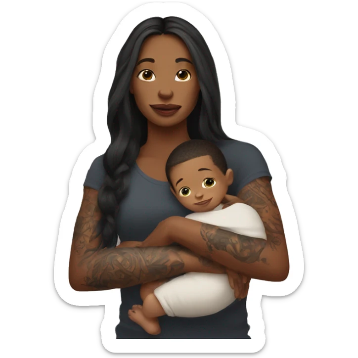  Woman with tattoos on arm with long hair holding a baby boy sticker
