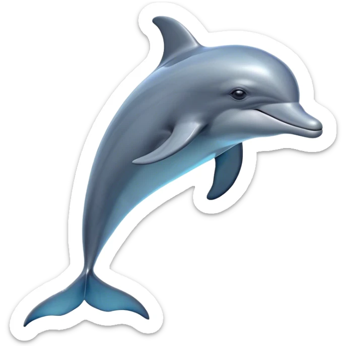 Cinematic Noble Bottlenose Dolphin Portrait Emoji, Poised and regal, with a sleek, streamlined body of shiny, glossy blue-gray skin, expressive, intelligent eyes, and a gracefully arched dorsal fin, Simplified yet sharp and sophisticated features, highly detailed, glowing with a radiant, sparkling aquatic glow, high shine, intelligent and majestic, stylized with an air of oceanic refinement, focused and elegant, soft glowing outline, capturing the essence of a watchful and confident dolphin that appears ready to leap out of the screen with effortless power! sticker