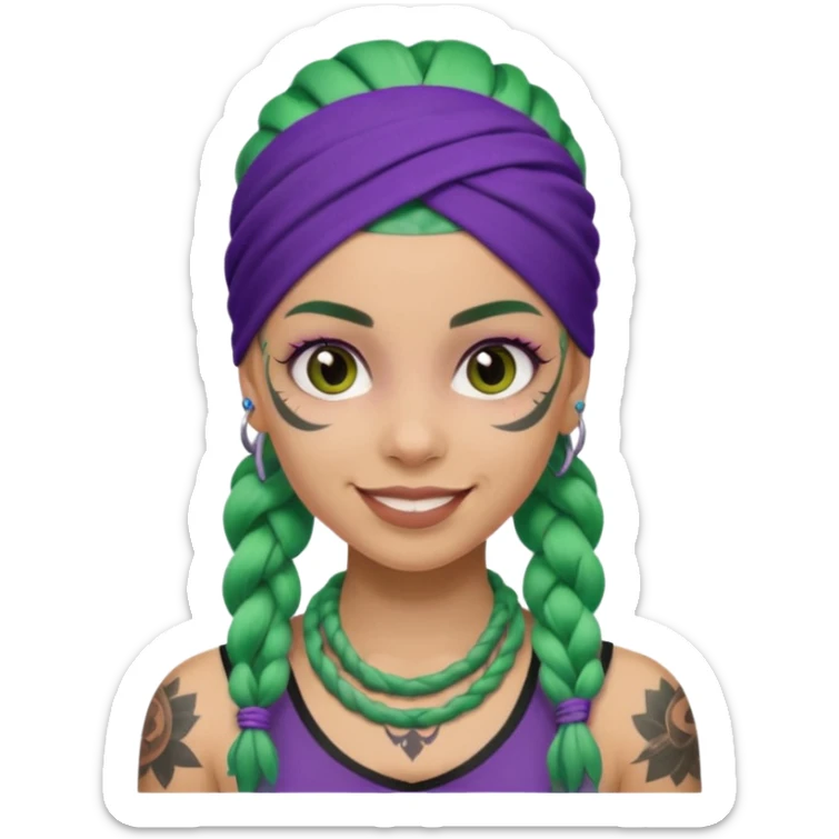 green braided hair with purple head bandana and lots of face tattoo girl sticker