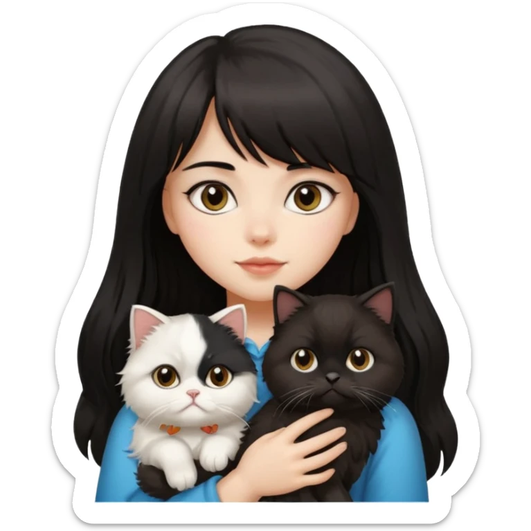 a girl with long dark brown, almost black hair with bangs, carrying a black and white fluffy Persian cat sticker