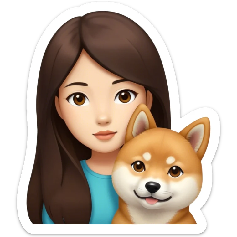 Really girl long dark brown hair with shiba inu sticker