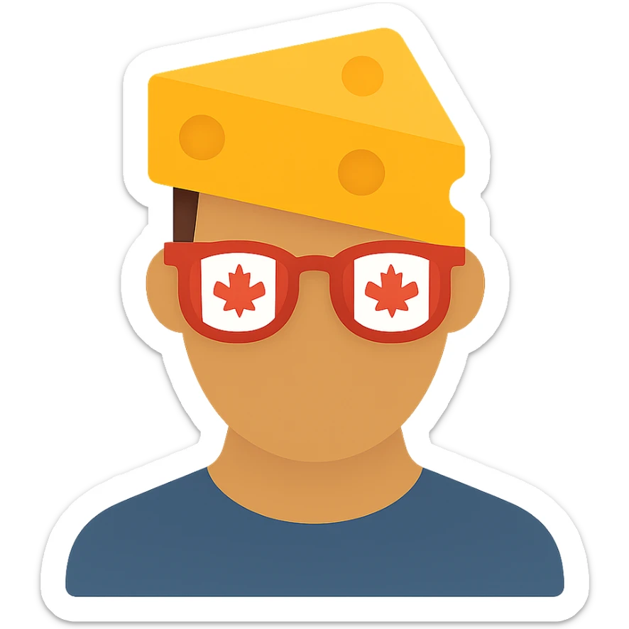 Add color to the icon: yellow cheese block, red and white Canada flag glasses, natural skin tone, simple colored shirt, keep background transparent. sticker