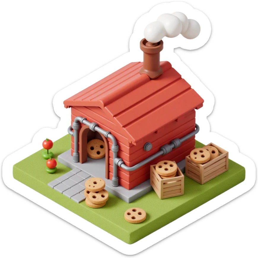 Exterior view of a small cartoon-style bakery factory, red brick walls, a single chimney puffing white smoke, metal pipes running along the walls and roof, cookie crates outside sticker