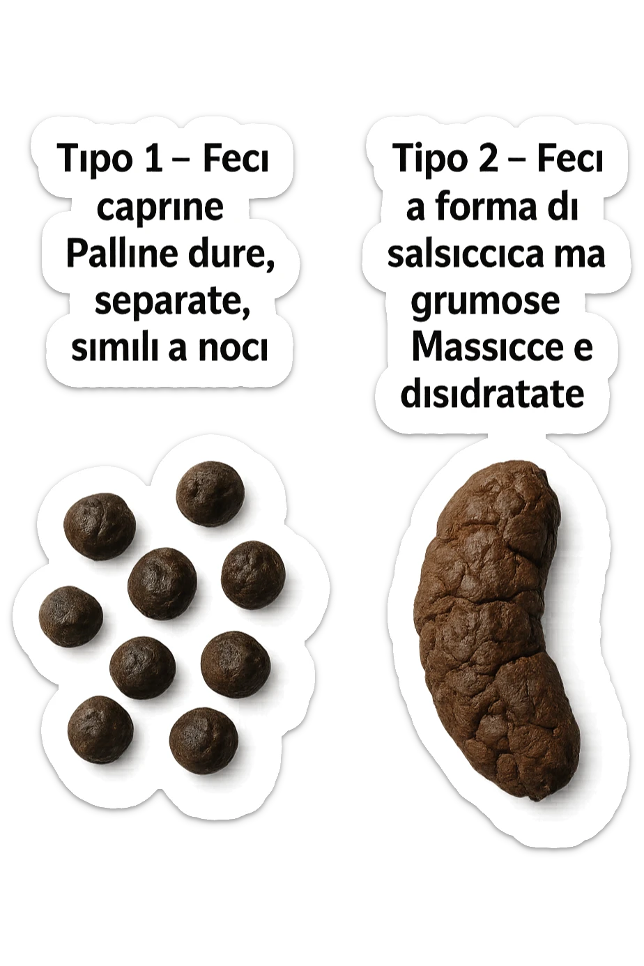 immagine di due tipi di feci iperrealistiche viste dall'alto con descrizione:
Tipo 1 – Feci caprine
Palline dure, separate, simili a noci

Tipo 2 – Feci a forma di salsiccia ma grumose
Massicce e disidratate.
 sticker