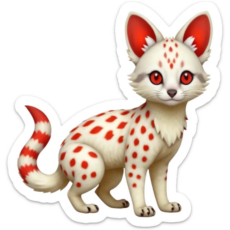 White Albino light-grey spotted Serval-Civet-Genet-Trico-Furret-Linoone-Fakémon-Pokémon-animal-hybrid-fusion-creature (full body) with glowing red eyes, cute, elegant, soft, realistic, pastel fur sticker