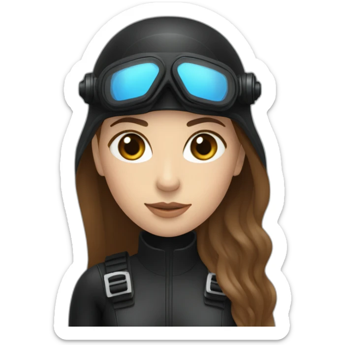 a woman with an a black scubadiver suit. she has blue eyes and a scubadiving mask brown long and straight hair sticker