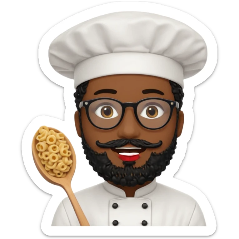 CHEF CON PELO NEGRO RIZO Y BARBA NEGRA, OJOS MARRON OSCURO Y GAFAS DE PASTA NEGRAS. SONRIE Y TIENE MARCAS DE BESOS CON FORMA DE LABIOS EN LAS MEJILLAS (COMO MANCHAS DE PINTALABIOS) sticker
