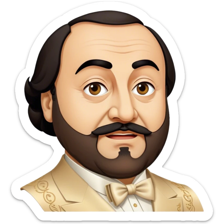 Cinematic Realistic Luciano Pavarotti Portrait Emoji, depicted as a charismatic operatic tenor with expressive eyes and commanding stage presence, rendered with rich elegant textures and warm theatrical lighting that captures his timeless vocal brilliance. sticker