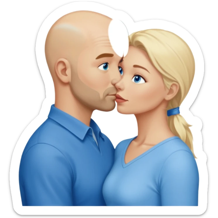 middle age bald man with scruff, blue eyes a.  Kissing blonde woman with blue eyes sticker