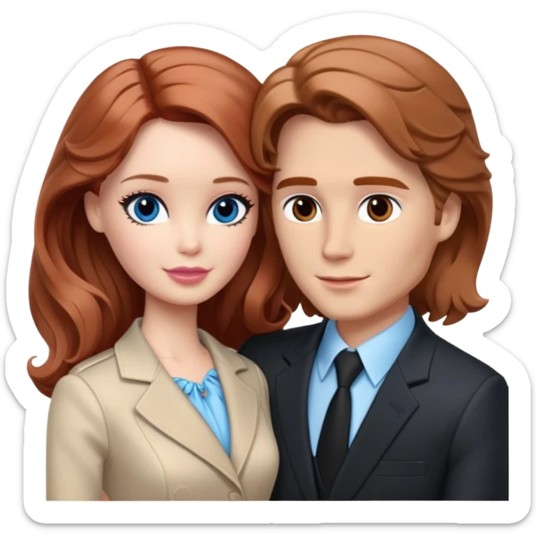 Barbie girl  , eyes blue , Chestnut red long wavy hair In pale beige clothes, Hugs a man with light brown hair short haircut, brown eyes , and a black suit sticker