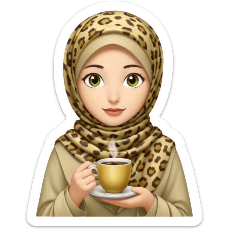 Turkish beautiful finish Konya girl green brown eyes with beige and light yellow leopard hijab islamic dress and had on her hand Turkish coffee sticker