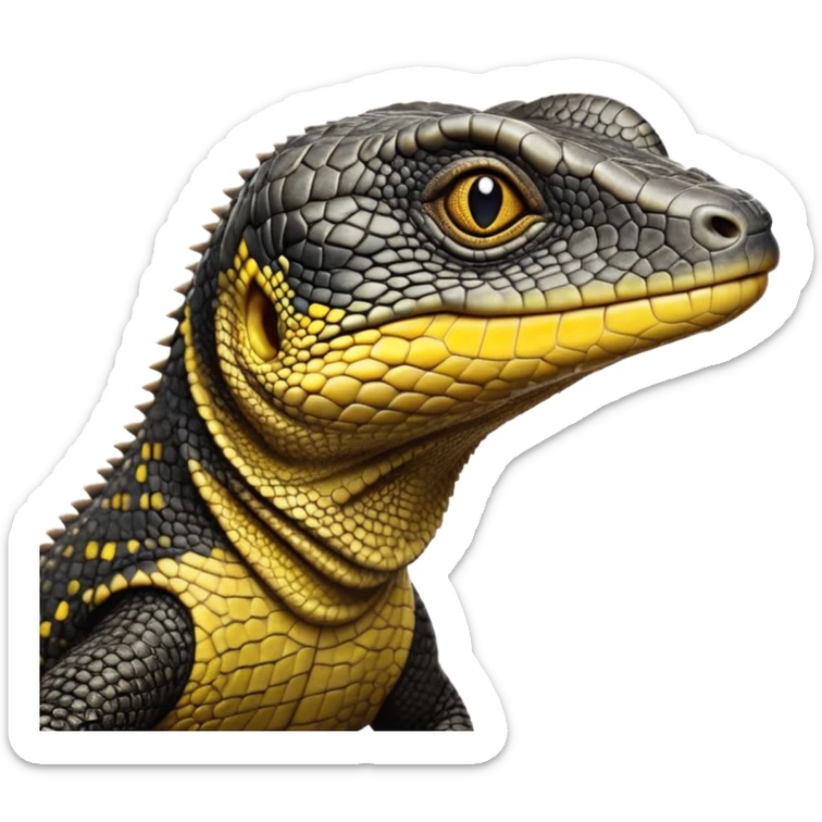 cinematic-realistic-cute-monitor-lizard-portrait-emoji,-head-tilted-playfully-and-inquisitively,-featuring-a-compact,-agile-body-with-finely-detailed,-glossy-scales-in-earthy-black and yellow-hues-and-a-distinct,-alert-face-with-bright,-curious-eyes, black , yellow spotted and green band  scales and a big long neck sticker
