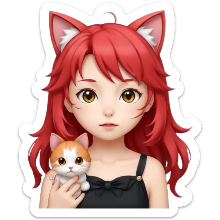 very cute anime cat-girl with small cat ears, red blowing hair sticker