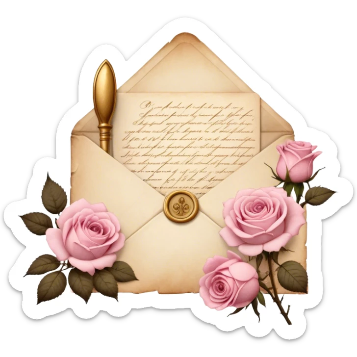 An antique handwritten letter with dried light pink roses and a golden wax seal, vintage aesthetic. sticker