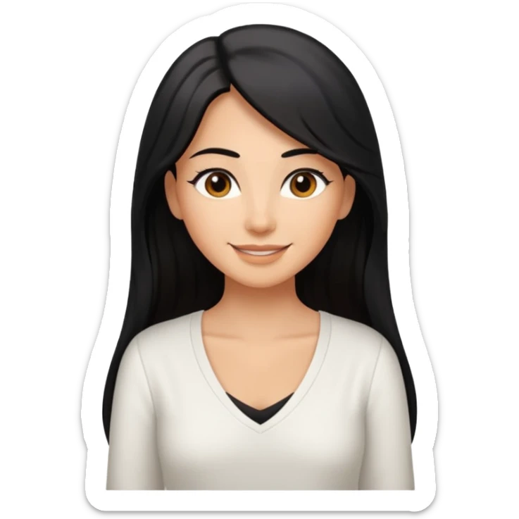 medium tan woman with long black hair past middle of back, round brwn eyes, white v neck blouse smiling. sticker