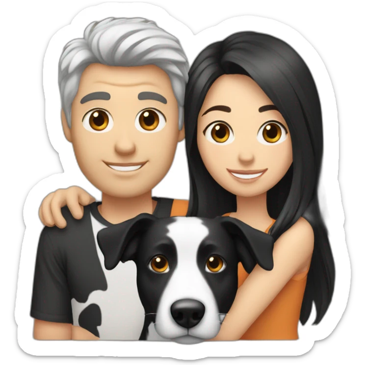 Family with a White man and a White woman with long black hair and a small black border collie dog sticker