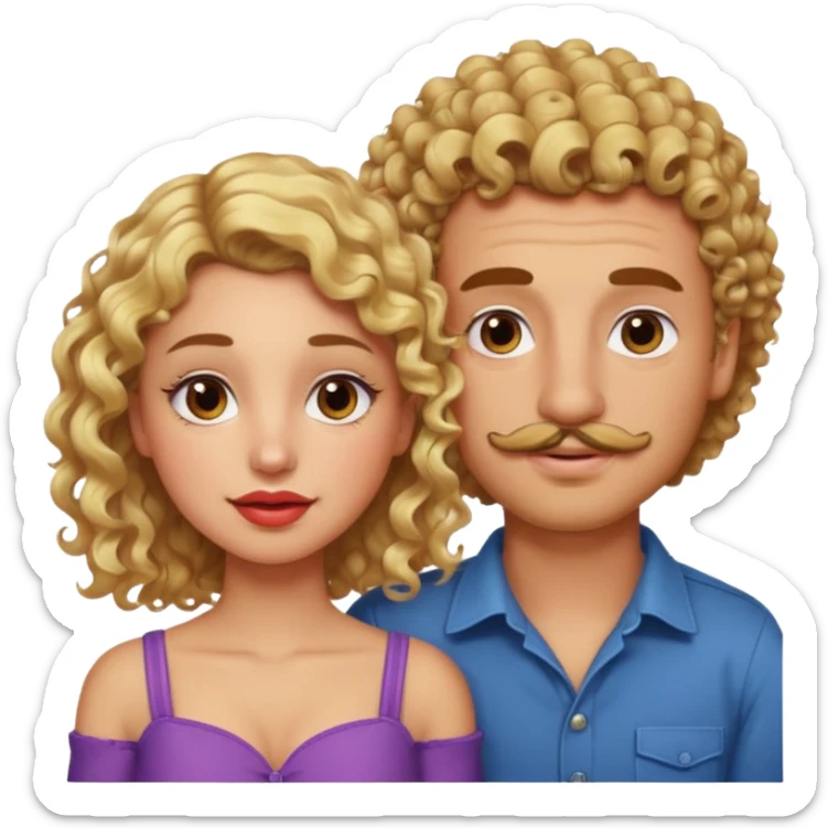 sarı saçlı kıvırcık kahverengi gözlü güzel dudaklı kızla kıvıcık saçlı çenesinde sakal ve bıyık olan kısık gözlü erkek aşk emojisiyap sticker