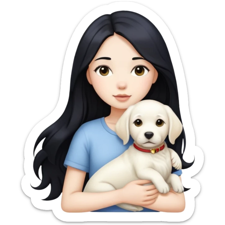 A beautiful girl with long black hair and fair skin is holding a white Labrador sticker