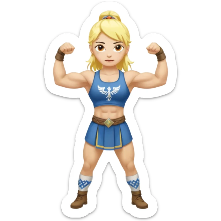 slavic girl, medium size yellow hair, flexing muscles, full body, muscled, with traditional slavic outfit sticker