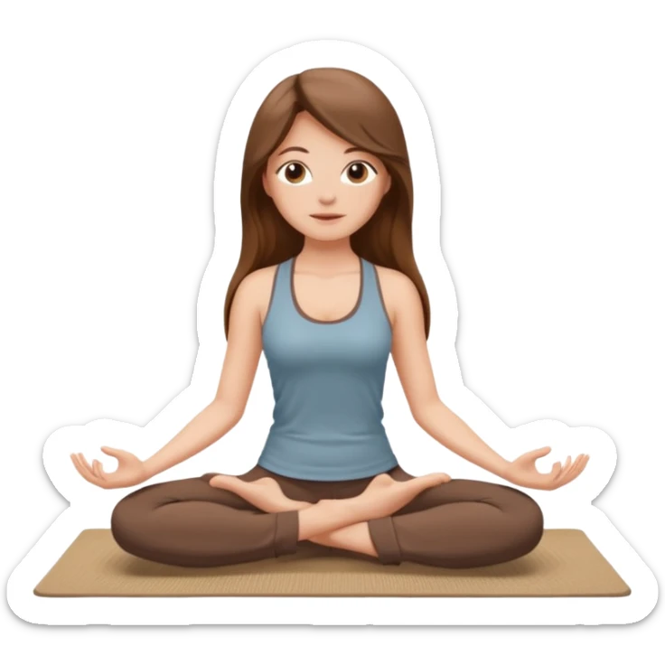 Brown long hair, white girl sitting on a beige rug doing yoga, brown clothes sticker