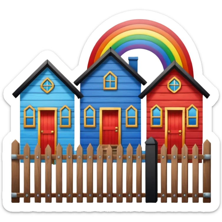Blue house with a black fence & red house with a rainbow coloured fence. sticker