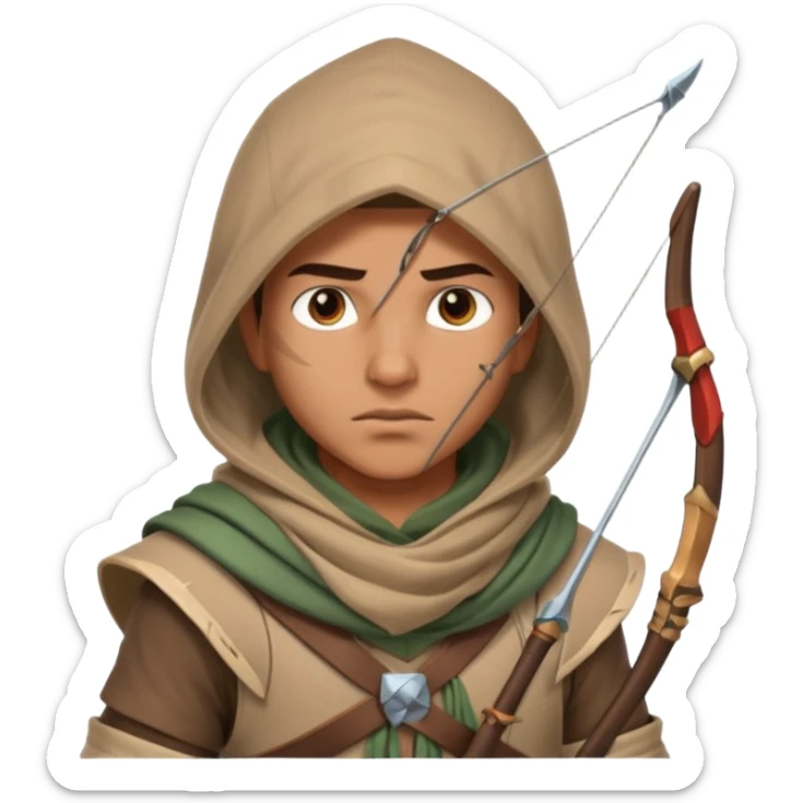 desert archer warrior portrait, head and shoulders only, hooded scarf collar, quiver strap visible, sharp focused eyes, 3D cartoon, mobile game icon style, clean background, no text, no watermark
 sticker