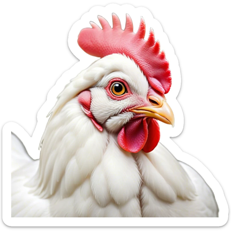 Cinematic Noble White Chicken Portrait Emoji, Poised and regal, with a compact, sturdy build and a pristine, well-groomed pure white plumage, deep-set soulful beady eyes, Simplified yet sharp and sophisticated features, highly detailed, glowing with a soft, dignified glow, high shine, intelligent and alert, stylized with an air of barnyard elegance, focused and attentive, soft glowing outline, capturing the essence of a watchful and confident fowl, so majestic it feels as though it could strut out of the screen with effortless authority! sticker