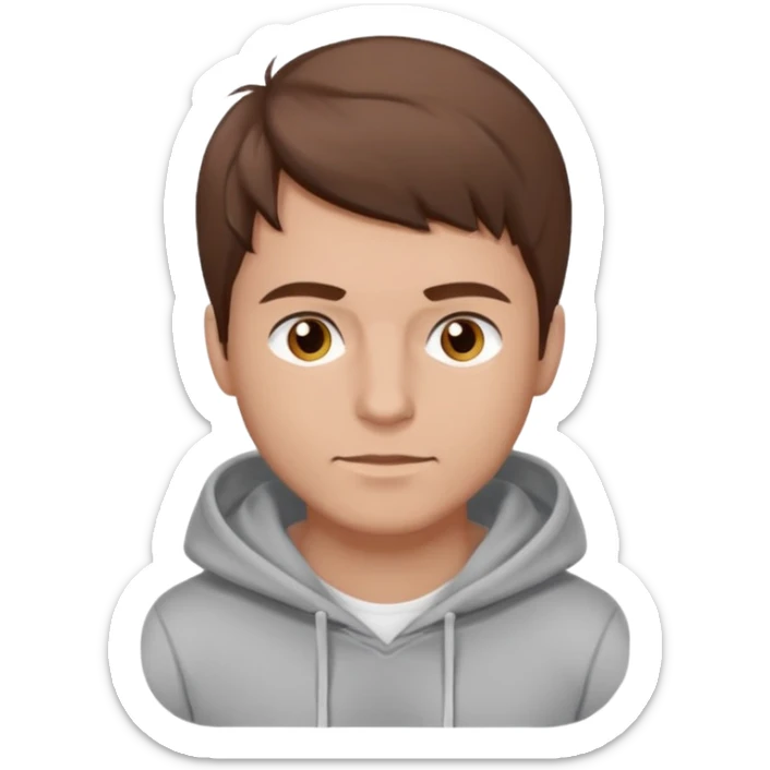 Uomo adulto barbuto capello moro occhi marroni metà busto e vestito con una felpa grigia e maglietta bianca sticker