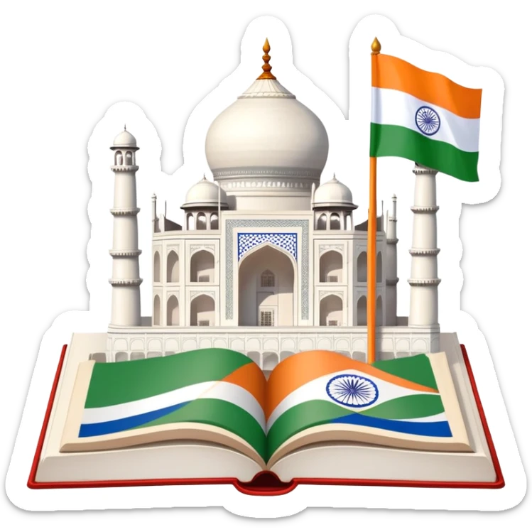 An icon featuring the Taj Mahal and the flag of India, symbolizing the Hindi language. The design includes an open book with Hindi script and a traditional Indian flute, representing language learning and cultural richness. Transparent background highlights the heritage of India. sticker