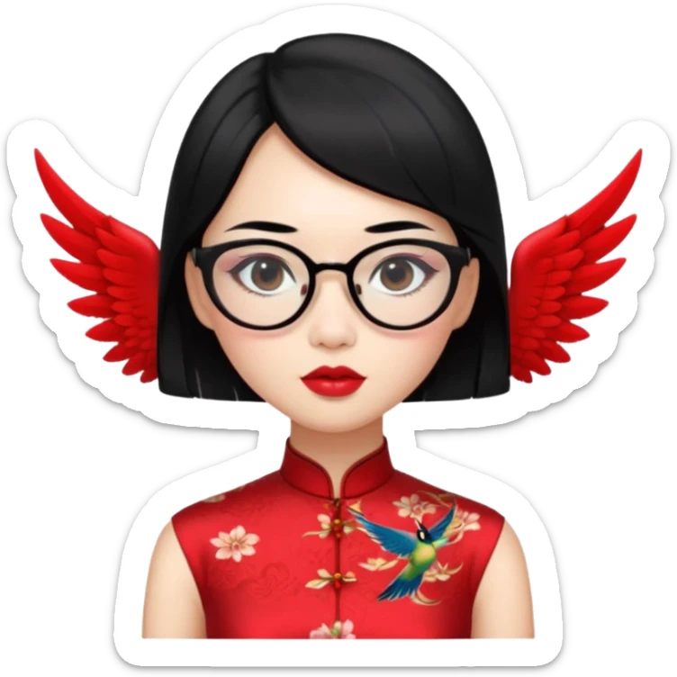 an oriental lady wearing red cheongsam, red lipstick, winged eyeliner, fair light a bit pink skin, small nose, a bit thick sensual lips, not too slim but not fat, wearing transparent glasses, black hair mid length sticker