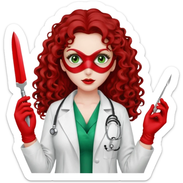 Lilith sexy evil woman. She has green eyes.  had brown long curly hair.  evil surgeon kills with scalpel wears red sexy doctor coat with red long mouth cover red gloves.  sticker
