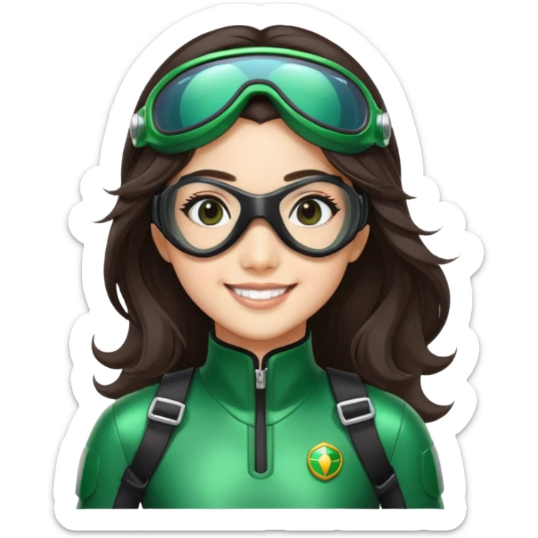green Power Ranger, Asian girl with long, less wavy dark brown hair, side parting, smiling, wearing scuba goggles sticker