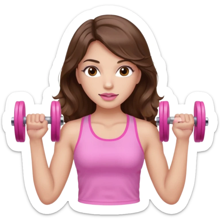 girl with wavy long brown hair, brown eyes, light to medium complexion, long lashes, light pink lipstick, wearing light pink shirt, lifting pink dumbbells in a sports top sticker