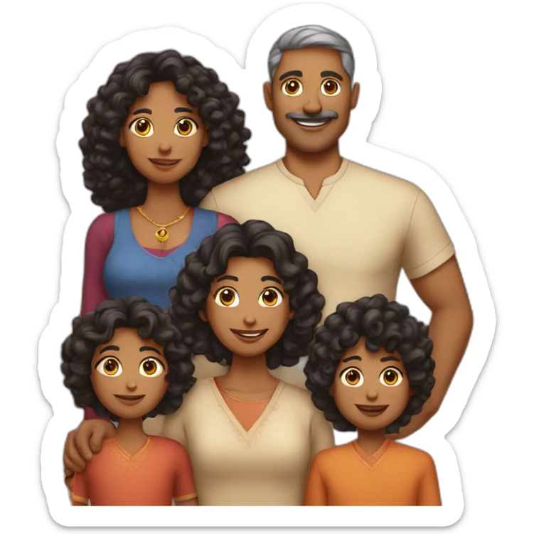 indian family with one dad and one son straight hair and one mom and one daughter curly hair sticker
